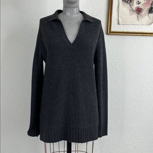 Tory Burch Charcoal Gray Henley Melange Classic Wool Honeycomb Sweater